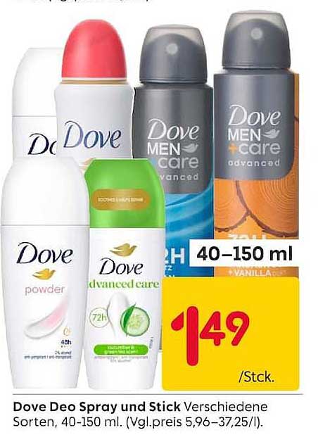 Dove Deo Spray und Stick Verschiedene Sorten, 40-150 ml. (Vgl.preis 5,96-37,25/l).