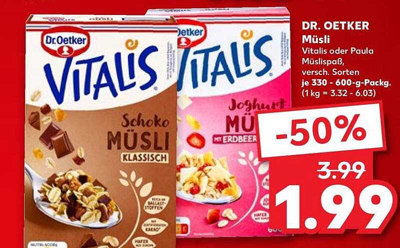 DR. OETKER Müsli Vitalis oder Paula Müsli, versch. Sorten, je 330 - 600-g-Packg.