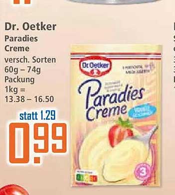Dr. Oetker Paradies Creme versch. Sorten 60g – 74g Packung 1kg = 13.38 – 16.50