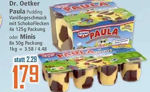 Dr. Oetker Paula Pudding Vanillegeschmack mit Schokoflecken 4x 125g Packung oder Minis 8x 50g Packung