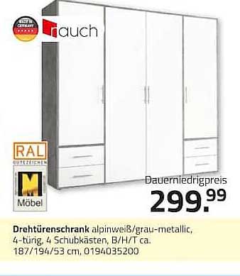 Drehtürenschrank alpinweiß/grau-metallic, 4-türig, 4 Schubkästen, B/H/T ca. 187/194/53 cm, 0194035200