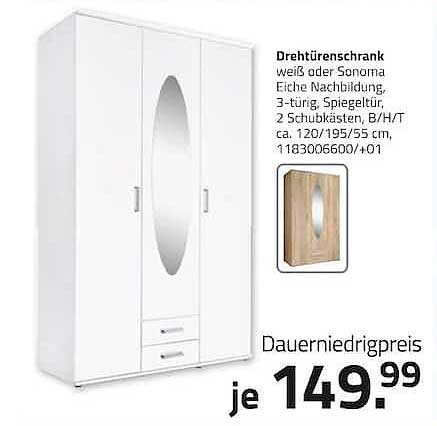 Drehtürenschrank weiß oder Sonoma Eiche Nachbildung, 3-türig, Spiegeltür, 2 Schubkästen, B/H/T ca. 120/195/55 cm, 1183006600/01