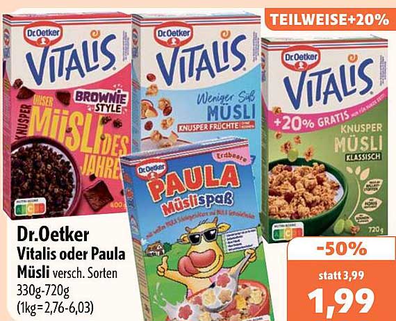 Dr.Oetker Vitalis oder Paula Müsli versch. Sorten 330g-720g (1kg=2,76-6,03)