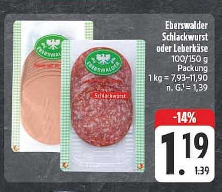 Eberswalder Schlackwurst oder Leberkäse 100/150 g Packung