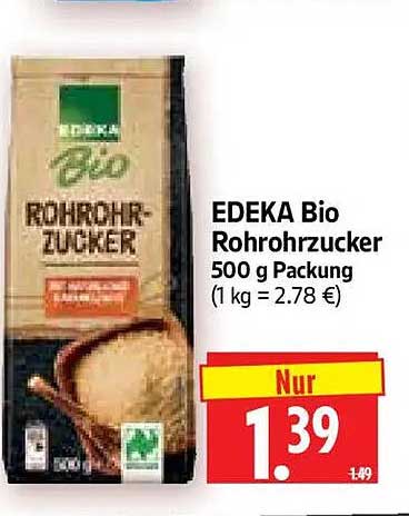 EDEKA Bio Rohrohrzucker 500 g Packung (1 kg = 2.78 €)