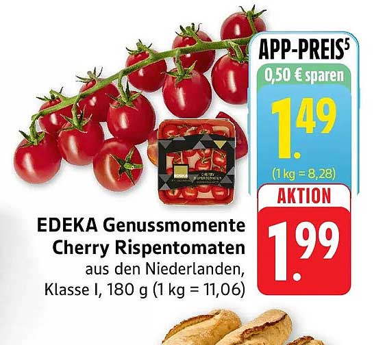 EDEKA Genussmomente Cherry Rispentomaten aus den Niederlanden, Klasse I, 180 g (1 kg = 11,06)