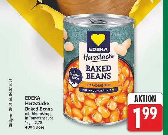 EDEKA Herzstücke Baked Beans mit Ahornsirup, in Tomatensauce 1kg = 2,78 400g Dose