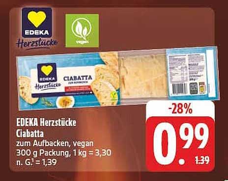 EDEKA Herzstücke Ciabatta zum Aufbacken, vegan 300 g Packung, 1 kg = 3,30