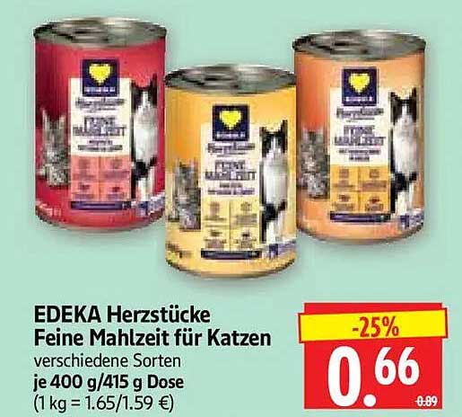 EDEKA Herzstücke Feine Mahlzeit für Katzen verschiedene Sorten je 400 g/415 g Dose (1 kg = 1.65/1.59 €)