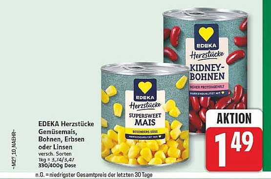 EDEKA Herzstücke Gemüsmais, Bohnen, Erbsen oder Linsen
