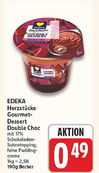 EDEKA Herzstücke Gourmet-Dessert Double Choc mit 17% Schokoladen-Sahnetopping, feine Puddingcreme, 1kg = 2,58, 190g Becher