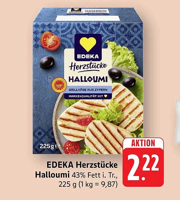 EDEKA Herzstücke Halloumi 43% Fett i. Tr., 225 g (1 kg = 9,87)