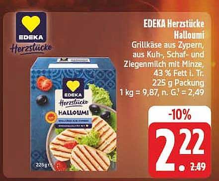 EDEKA Herzstücke Halloumi Grillkäse aus Zypern, aus Kuh-, Schaf- und Ziegenmilch mit Minze, 43 % Fett i. Tr., 225 g Packung