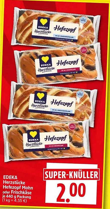 EDEKA Herzstücke Hefezopf Mohn oder Frischkäse je 440 g Packung