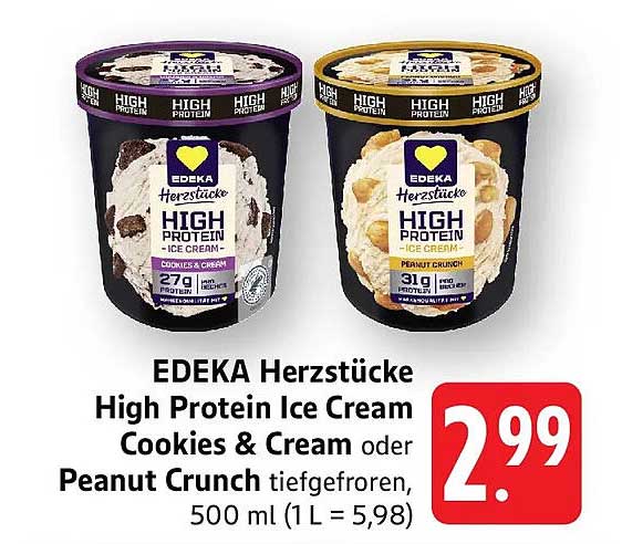 EDEKA Herzstücke High Protein Ice Cream Cookies & Cream oder Peanut Crunch tiefgefroren, 500 ml (1 L = 5,98)