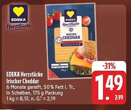 EDEKA Herzstücke Irischer Cheddar 6 Monate gereift, 50 % Fett i. Tr., in Scheiben, 175 g Packung, 1 kg = 8,51, n. G.: 2,19