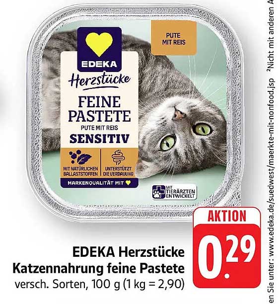 EDEKA Herzstücke Katzennahrung feine Pastete versch. Sorten, 100 g (1 kg = 2,90)