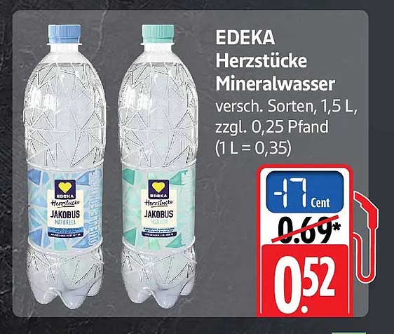 EDEKA Herzstücke Mineralwasser versch. Sorten, 1,5 L, zzgl. 0,25 Pfand (1 L = 0,35)