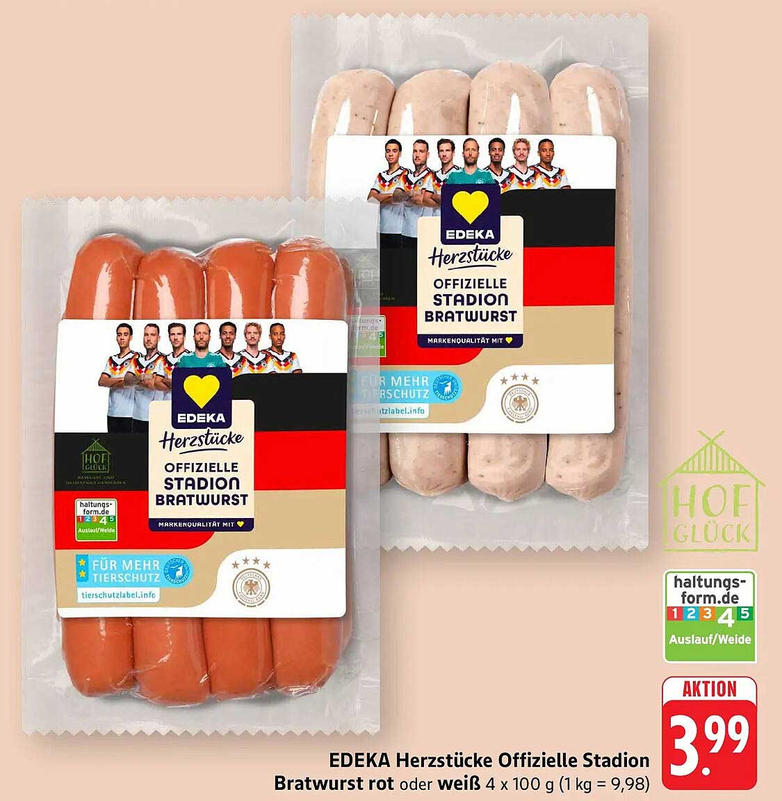 EDEKA Herzstücke Offizielle Stadion Bratwurst rot oder weiß 4 x 100 g (1 kg = 9,98)
