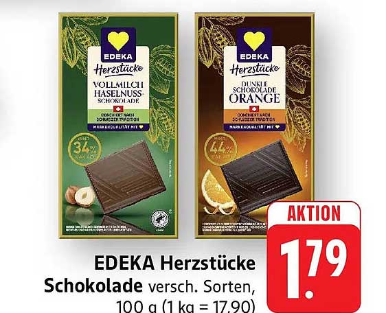EDEKA Herzstücke Schokolade versch. Sorten, 100 g (1 kg = 17,90)