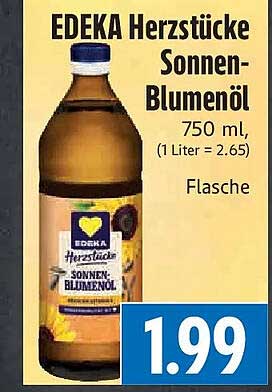EDEKA Herzstücke Sonnen-Blumenöl 750 ml, (1 Liter = 2.65) Flasche