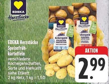 EDEKA Herzstücke Speisefrühkartoffeln verschiedene Kocheigenschaften, Sorte und Herkunft siehe Etikett 2 kg Netz, 1 kg = 1,50