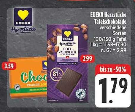 EDEKA Herzstücke Tafelschokolade verschiedene Sorten 100/150 g Tafel 1 kg = 11,93-17,90 n. G. = 2,99