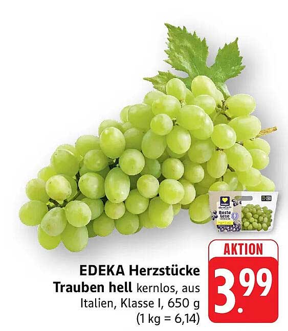 EDEKA Herzstücke Trauben hell kernlos, aus Italien, Klasse I, 650 g (1 kg = 6,14)