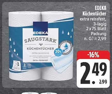 EDEKA Küchentücher extra reissfest, 3-lagig 2 x 75 Blatt Packung