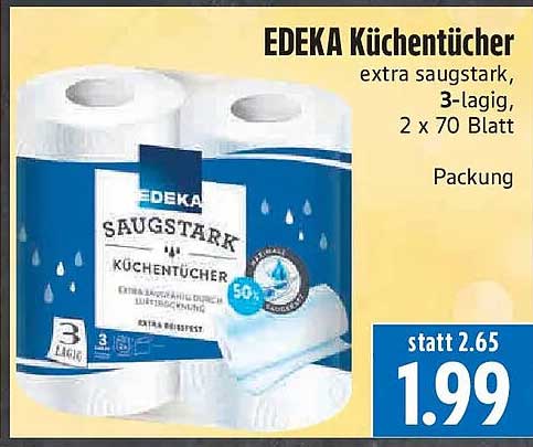 EDEKA Küchentücher extra saugstark, 3-lagig, 2 x 70 Blatt Packung