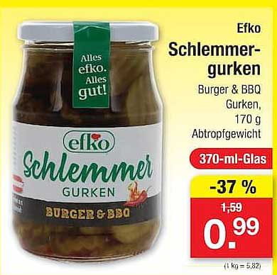 Efko Schlemmergurken Burger & BBQ Gurken, 170 g Abtropfgewicht 370-ml-Glas
