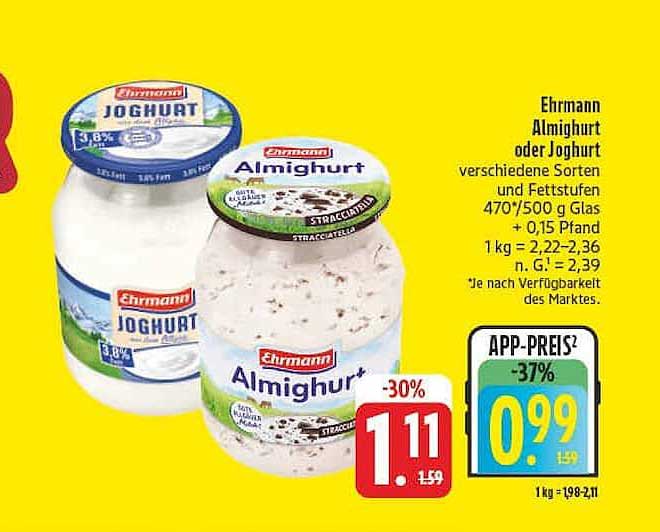 Ehrmann Almighurt oder Joghurt verschiedene Sorten und Feststufen 470/500 g Glas + 0,15 Pfand