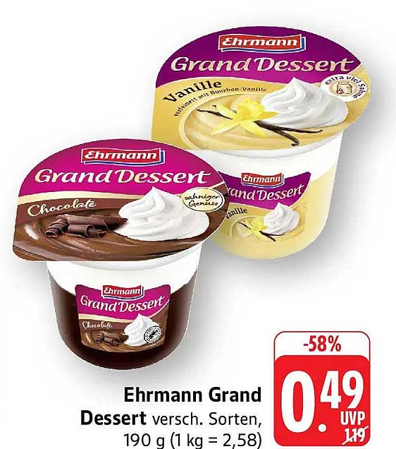 Ehrmann Grand Dessert versch. Sorten, 190 g (1 kg = 2,58)