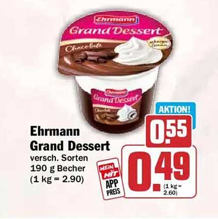 Ehrmann Grand Dessert versch. Sorten 190 g Becher (1 kg = 2.90)