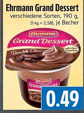 Ehrmann Grand Dessert verschiedene Sorten, 190 g, (1 kg = 2.58), je Becher