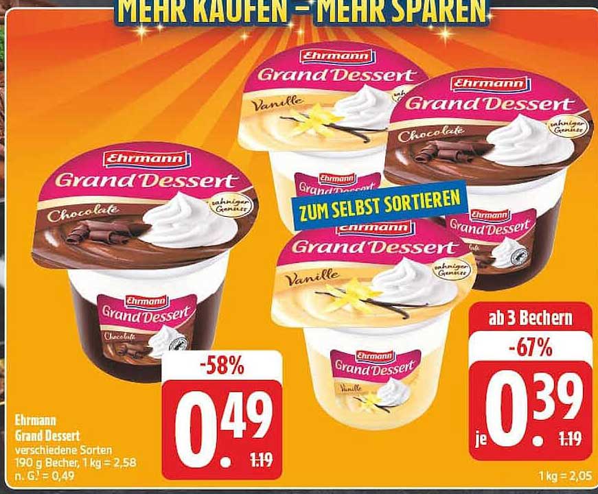 Ehrmann Grand Dessert verschiedene Sorten 190 g Becher, 1 kg = 2,58 n. G. = 0,49