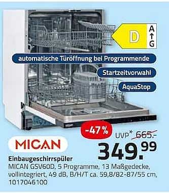 Einbaugeschirrspüler MICAN GSV60D, 5 Programme, 13 Maßgedecke, vollintegriert, 49 dB, B/H/T ca. 59,8/82-87/55 cm, 1017046100