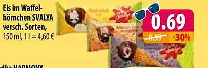 Eis im Waffelhörnchen SVALYA versc. Sorten, 150 ml, = 4,60 €
