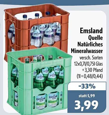 Emsland Quelle Natürliches Mineralwasser versch. Sorten 12x0,7l/0,75l Glas + 3,30 Pfand (1l = 0,48/0,44)