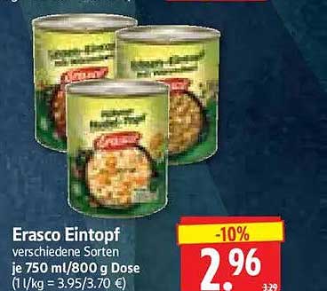 Erasco Eintopf verschiedene Sorten je 750 ml/800 g Dose (1 kg = 3.95/3.70 €)