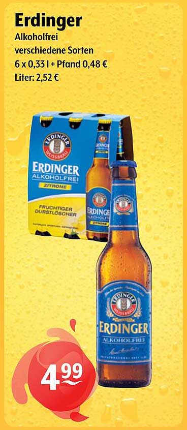 Erdinger Alkoholfrei verschiedene Sorten 6 x 0,33 l + Pfand 0,48 € Liter: 2,52 €