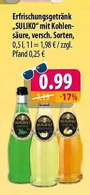 Erfrischungsgetränk "SULIKO" mit Kohlensäure, versch. Sorten, 0,5 L 1 l = 1,98 € / zzgl. Pfand 0,25 €