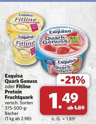 Exquisa Quark Genuss oder Fitline Protein Fruchtquark versch. Sorten 375-500-g-Becher (1 kg ab 2.98)