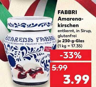 FABBRI Amarena-kirschen entkernt, in Sirup, glutenfrei je 230-g-Glas (1 kg = 17.35)