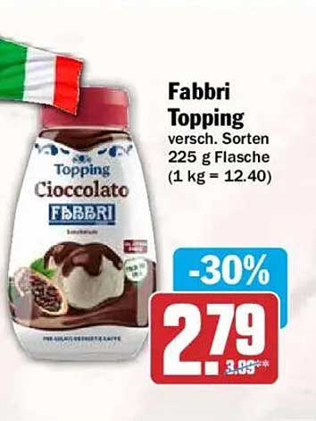 Fabbri Topping versch. Sorten 225 g Flasche (1 kg = 12.40)