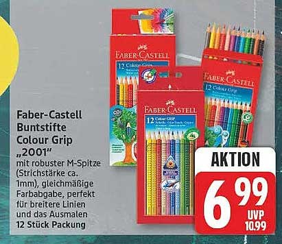 Faber-Castell Buntstifte Colour Grip „2001“ mit robuster M-Spitze (Strichstärke ca. 1mm), gleichmäßige Farbabgabe, perfekt für breitere Linien und das Ausmalen, 12 Stück Packung