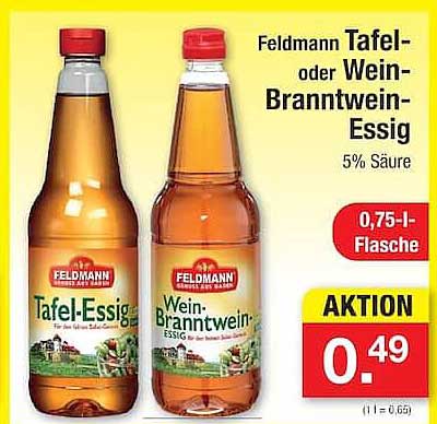 Feldmann Tafel- oder Wein-Branntweinessig 5% Säure 0,75-l-Flasche