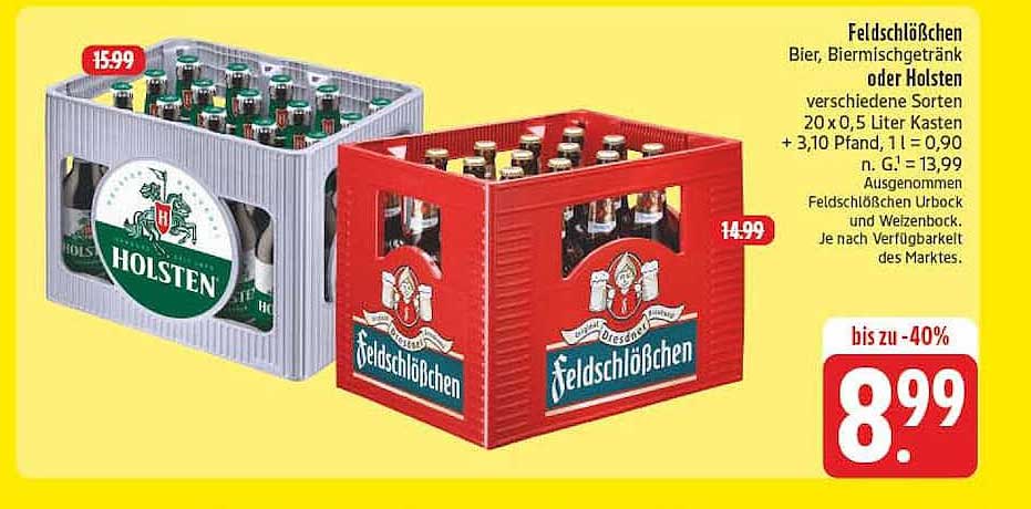 Feldschlößchen Bier, Biersmischgetränk oder Holsten versch. Sorten 20 x 0,5 Liter Kasten