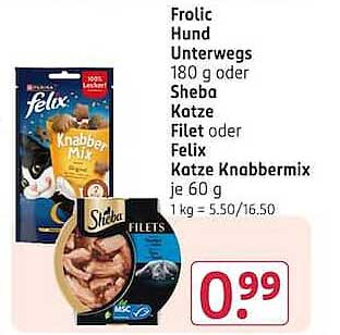 Felix Hund Unterwegs 180 g oder Sheba Katze Filet oder Felix Katze Knabbermix je 60 g