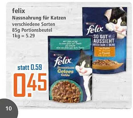 felix Nassnahrung für Katzen verschiedene Sorten 85g Portionsbeutel 1kg = 5.29